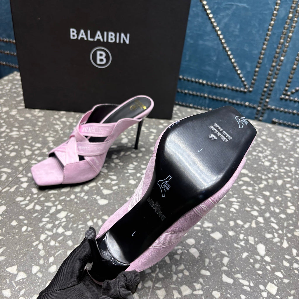 BALMAIN 26S HIGH-HEEL SANDALS 95 MM IN PALE LILAC PINK SUEDE AND FABRIC