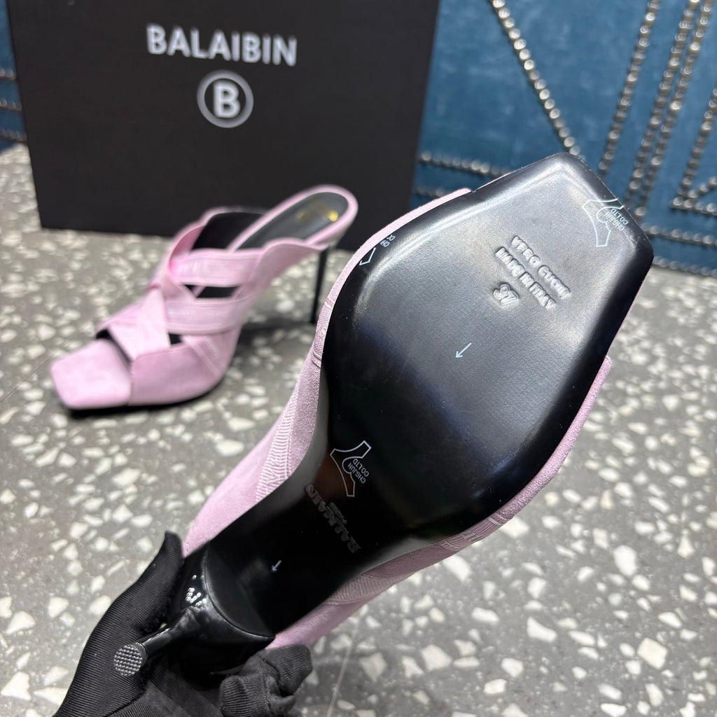 BALMAIN 26S HIGH-HEEL SANDALS 95 MM IN PALE LILAC PINK SUEDE AND FABRIC