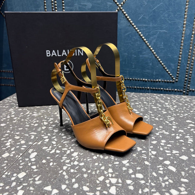 BALMAIN 26S HIGH-HEEL SANDALS 95 MM IN BROWN CALFSKIN