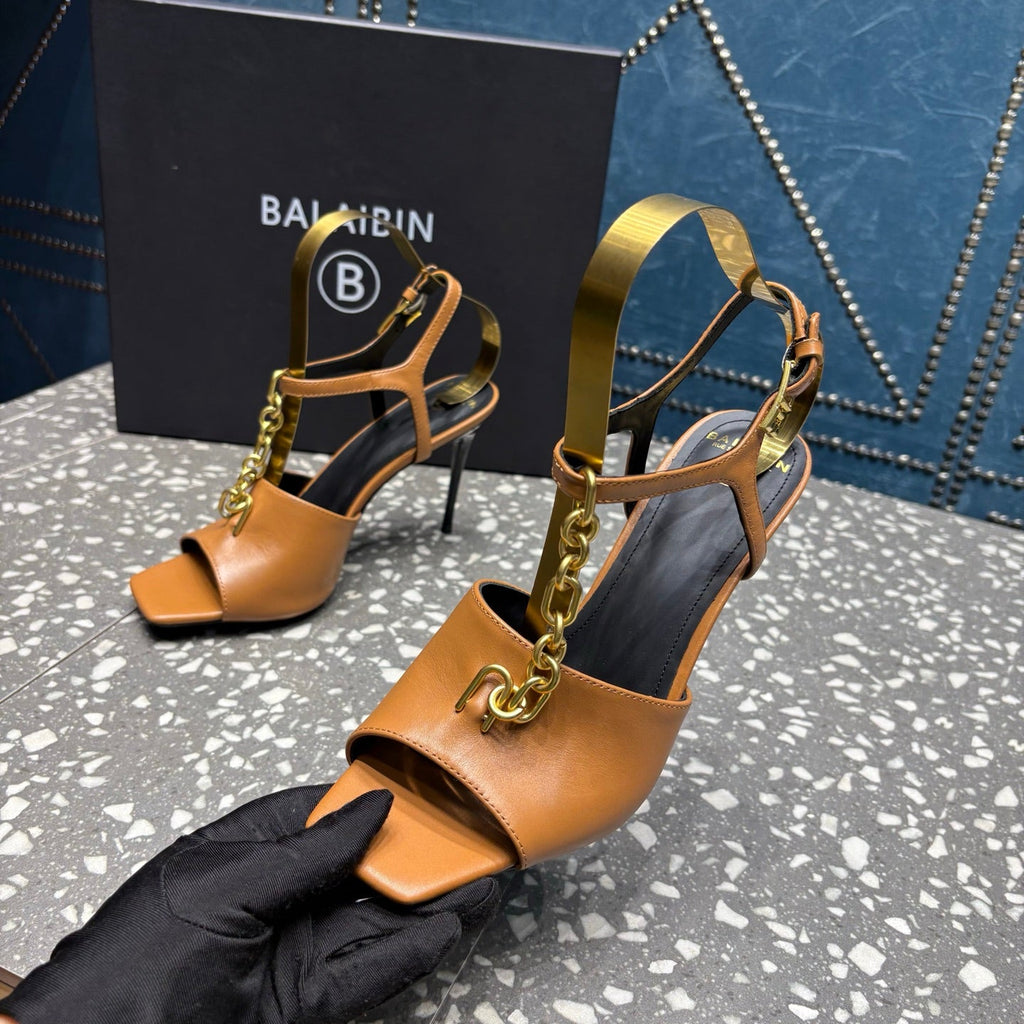 BALMAIN 26S HIGH-HEEL SANDALS 95 MM IN BROWN CALFSKIN