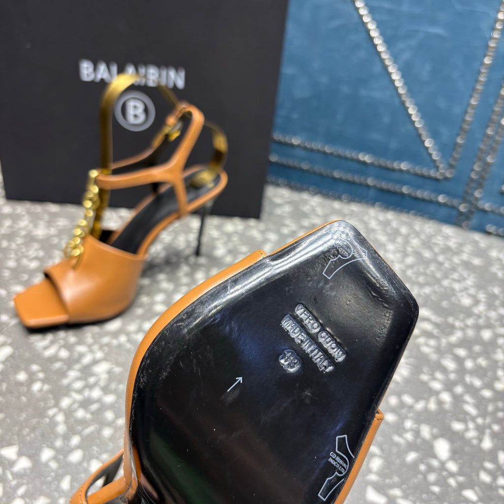 BALMAIN 26S HIGH-HEEL SANDALS 95 MM IN BROWN CALFSKIN