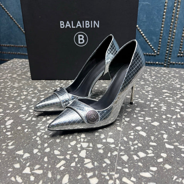 BALMAIN 26S HIGH-HEEL SHOES 95 MM IN SILVER CALFSKIN