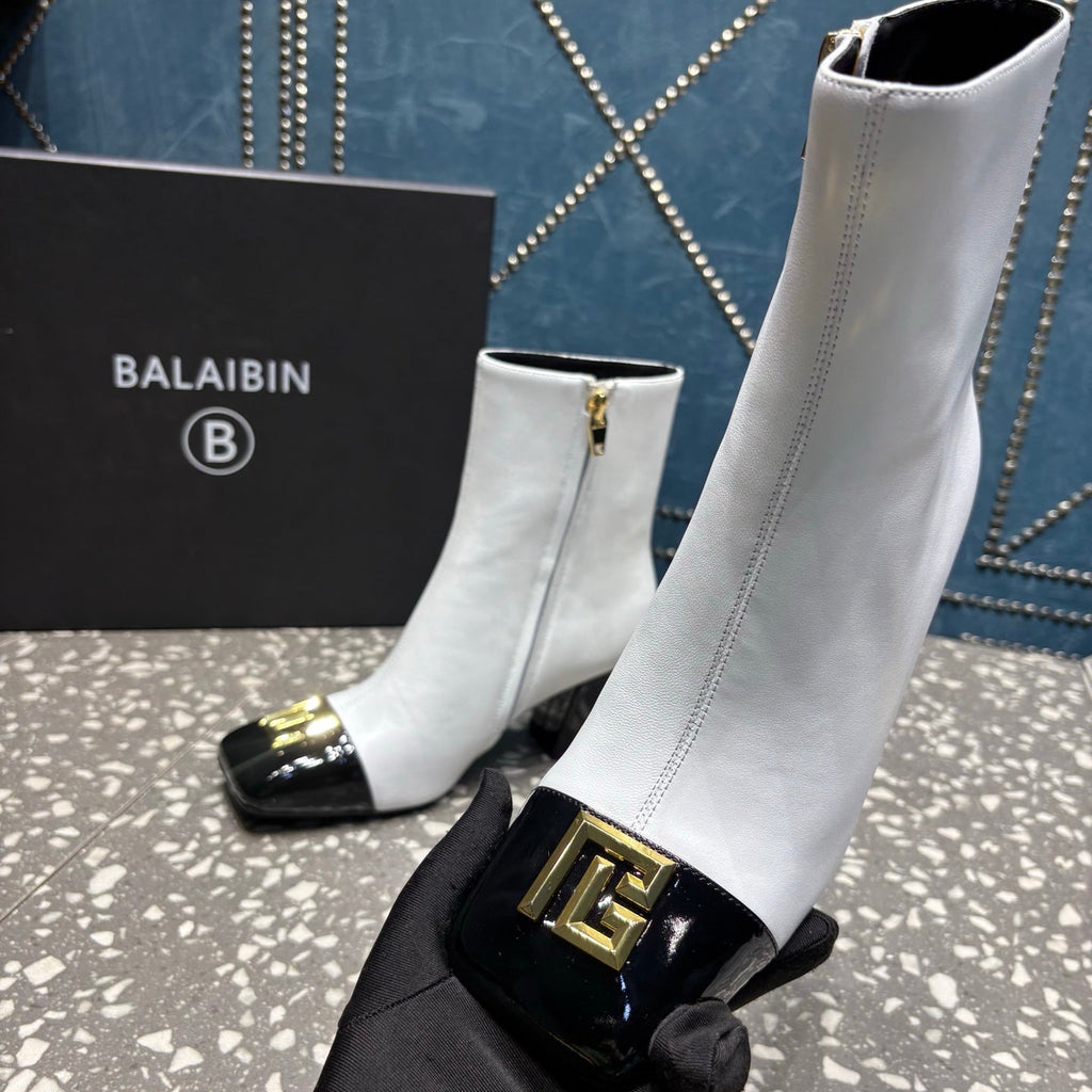 BALMAIN 26S BOOTS 65 MM IN WHITE AND BLACK CALFSKIN