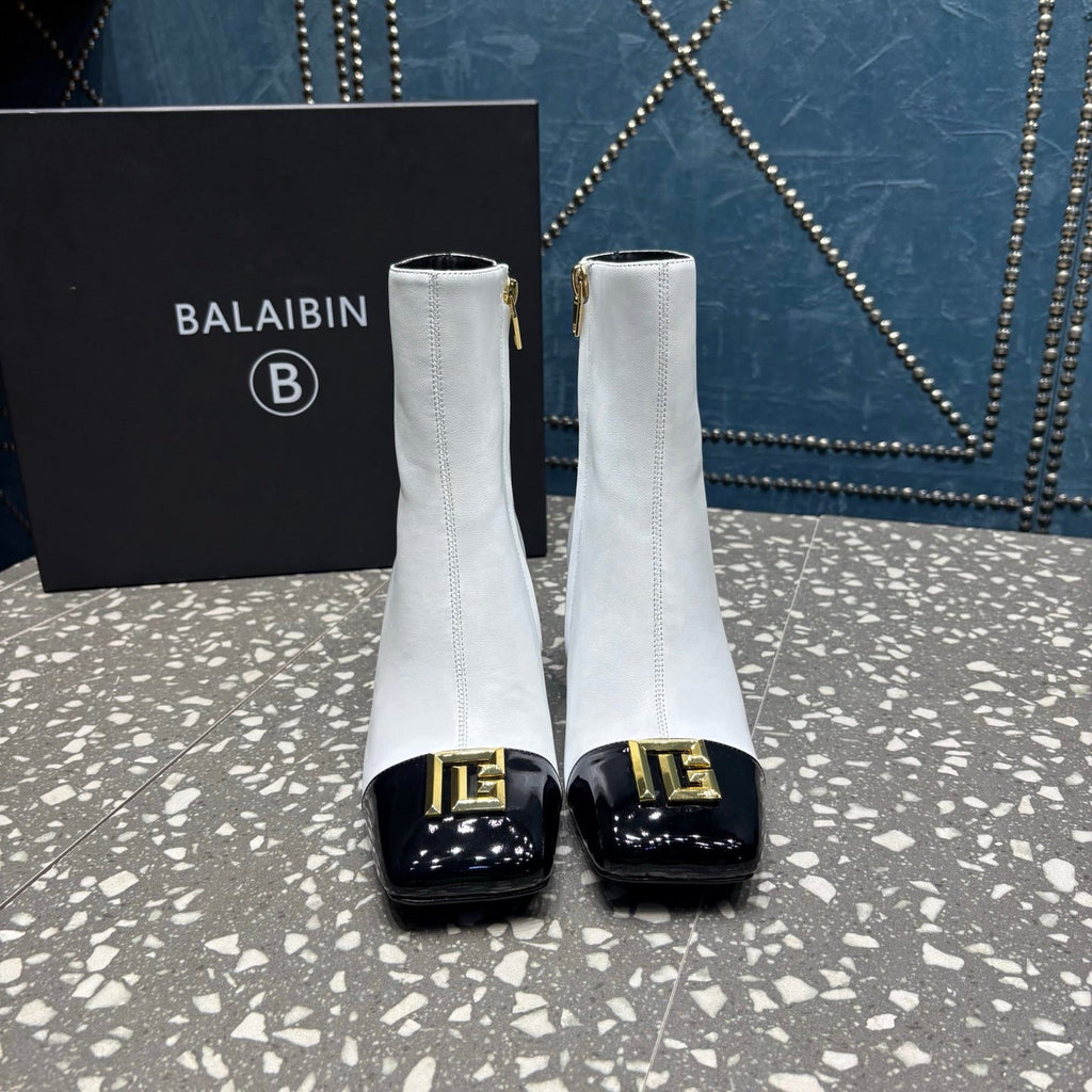 BALMAIN 26S BOOTS 65 MM IN WHITE AND BLACK CALFSKIN