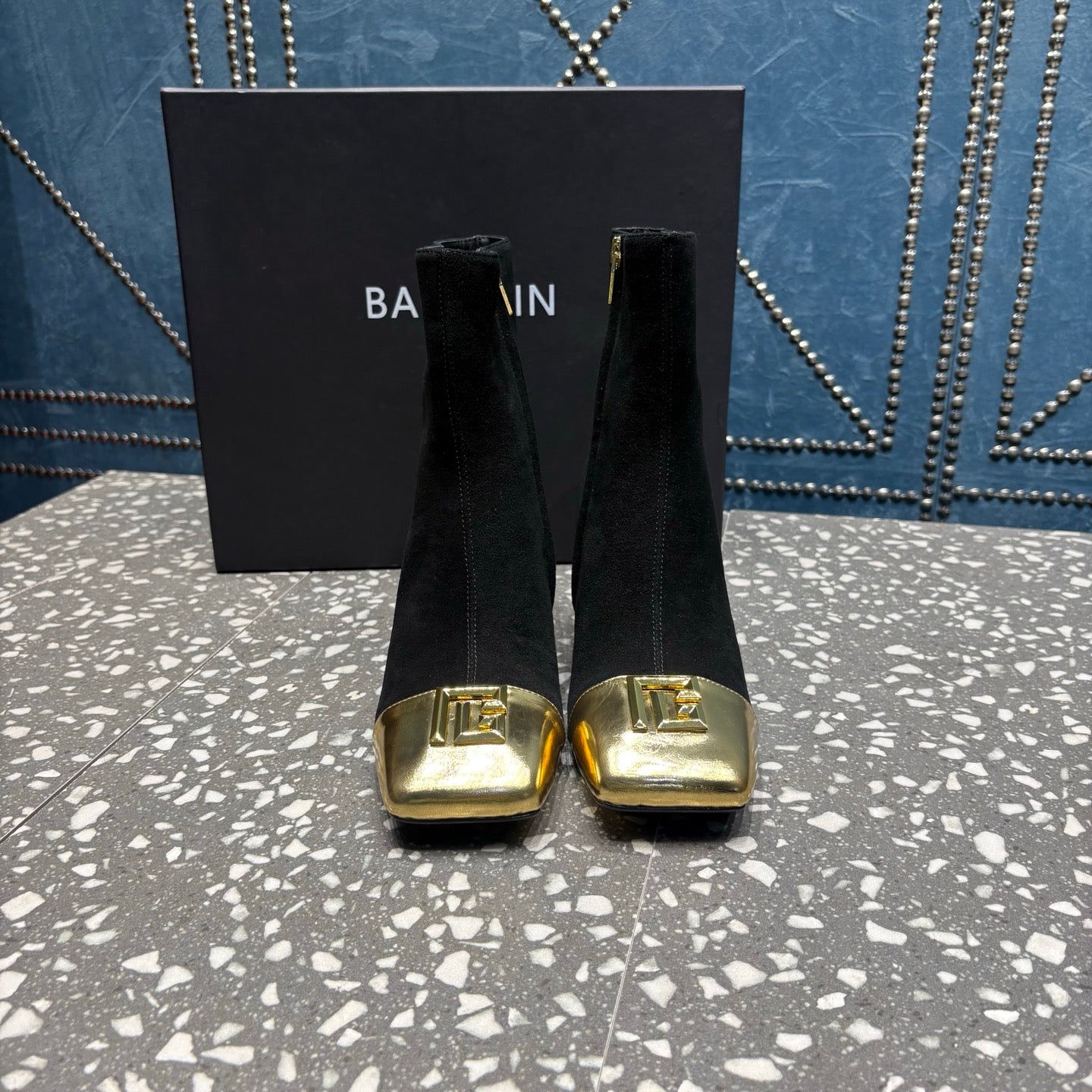 BALMAIN 26S BOOTS 65 MM IN BLACK SUEDE AND GOLD CALFSKIN