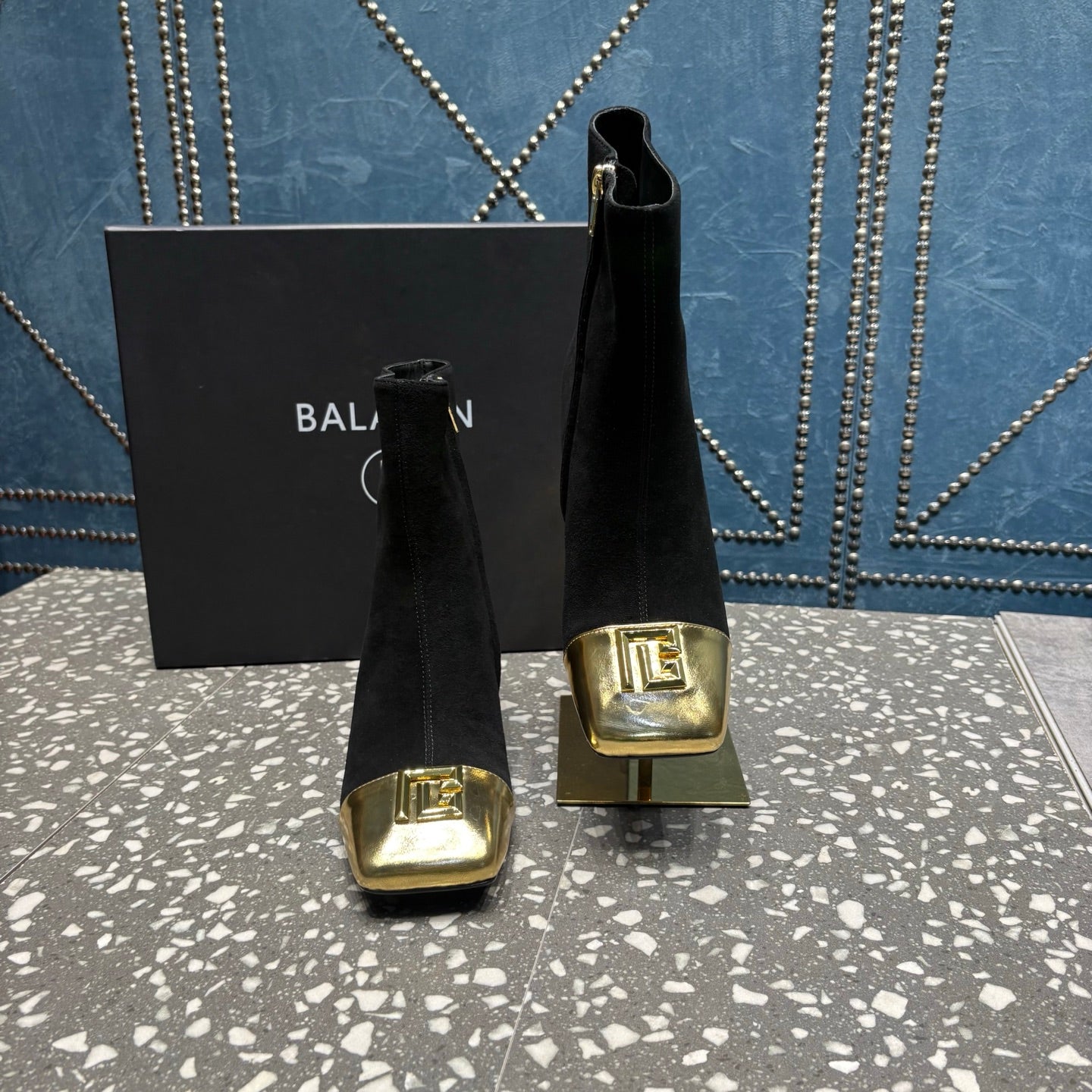 BALMAIN 26S BOOTS 65 MM IN BLACK SUEDE AND GOLD CALFSKIN
