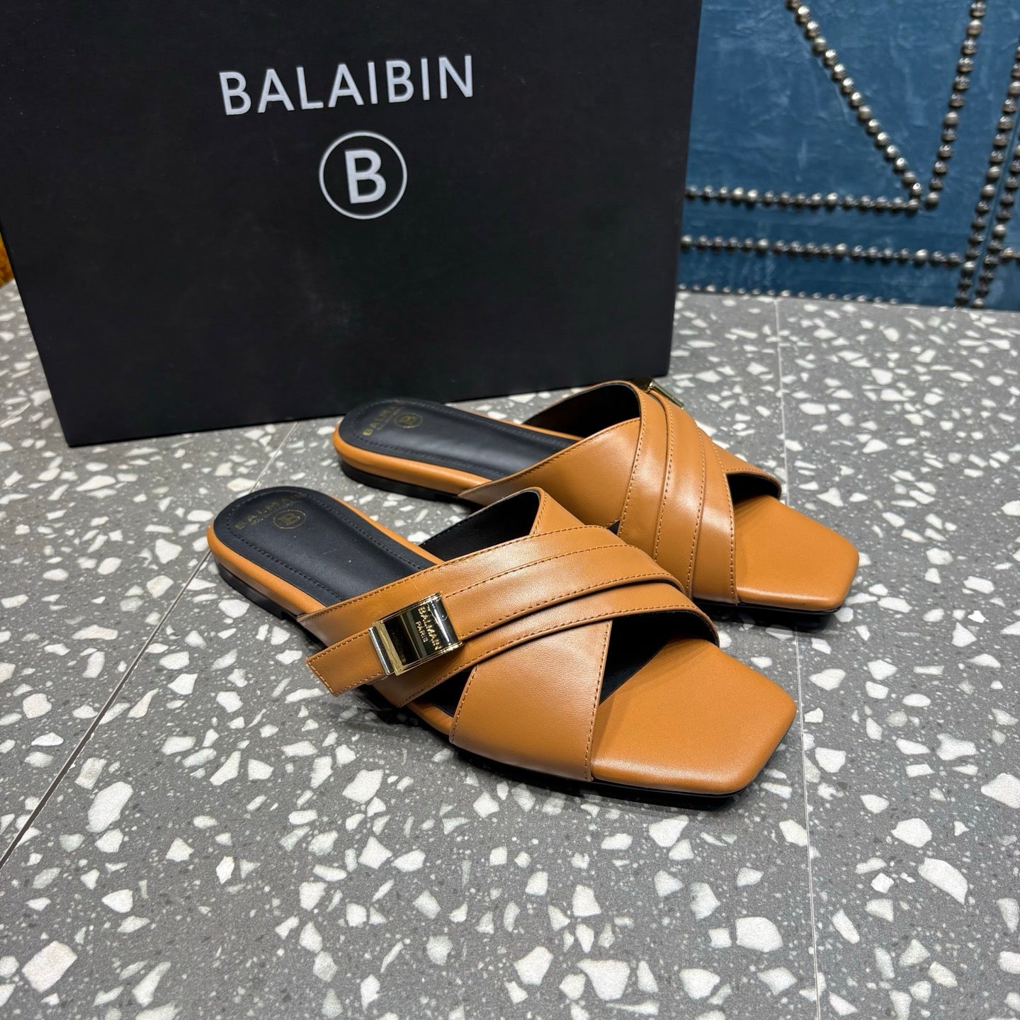 BALMAIN 26S CROSS-STRAP SLIDES IN BROWN CALFSKIN