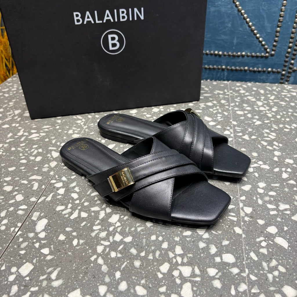 BALMAIN 26S CROSS-STRAP SLIDES IN BLACK CALFSKIN