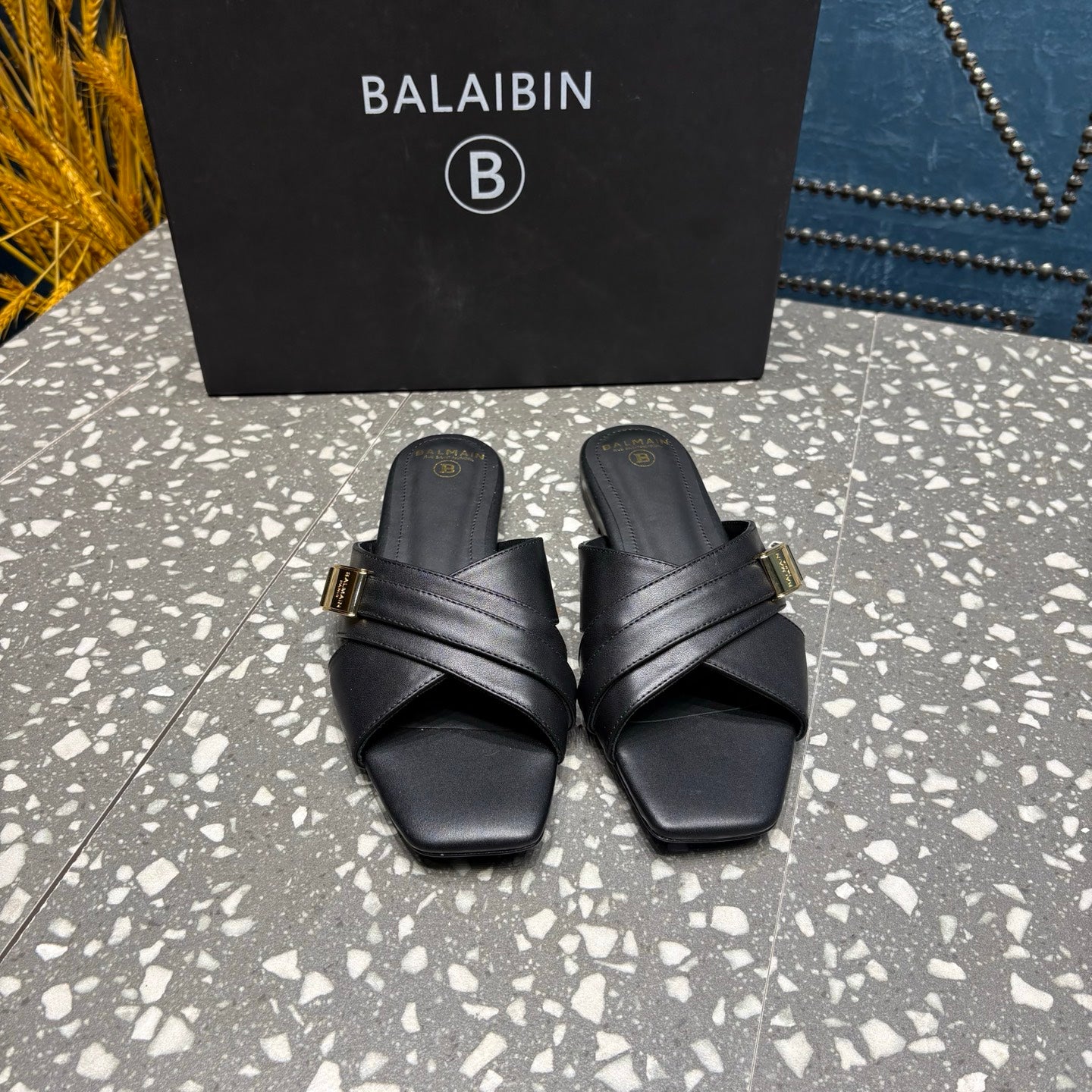BALMAIN 26S CROSS-STRAP SLIDES IN BLACK CALFSKIN