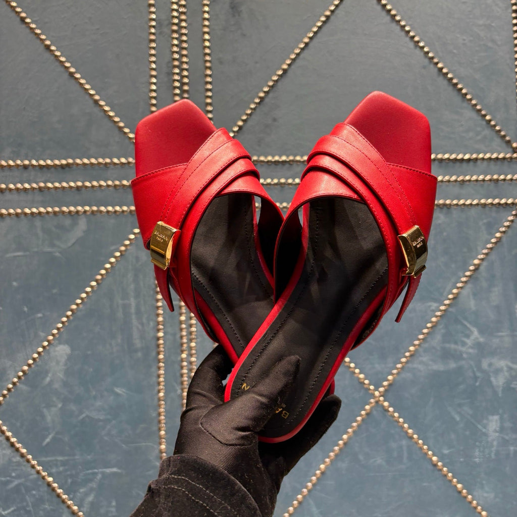 BALMAIN 26S CROSS-STRAP SLIDES IN RED CALFSKIN