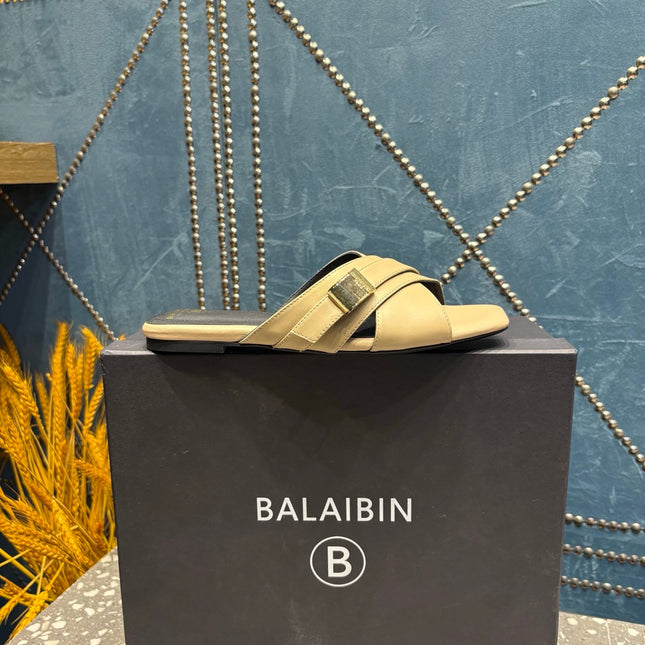 BALMAIN 26S CROSS-STRAP SLIDES IN BEIGE CALFSKIN