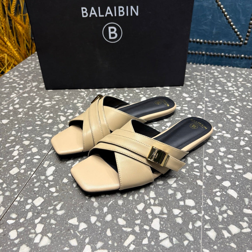 BALMAIN 26S CROSS-STRAP SLIDES IN BEIGE CALFSKIN