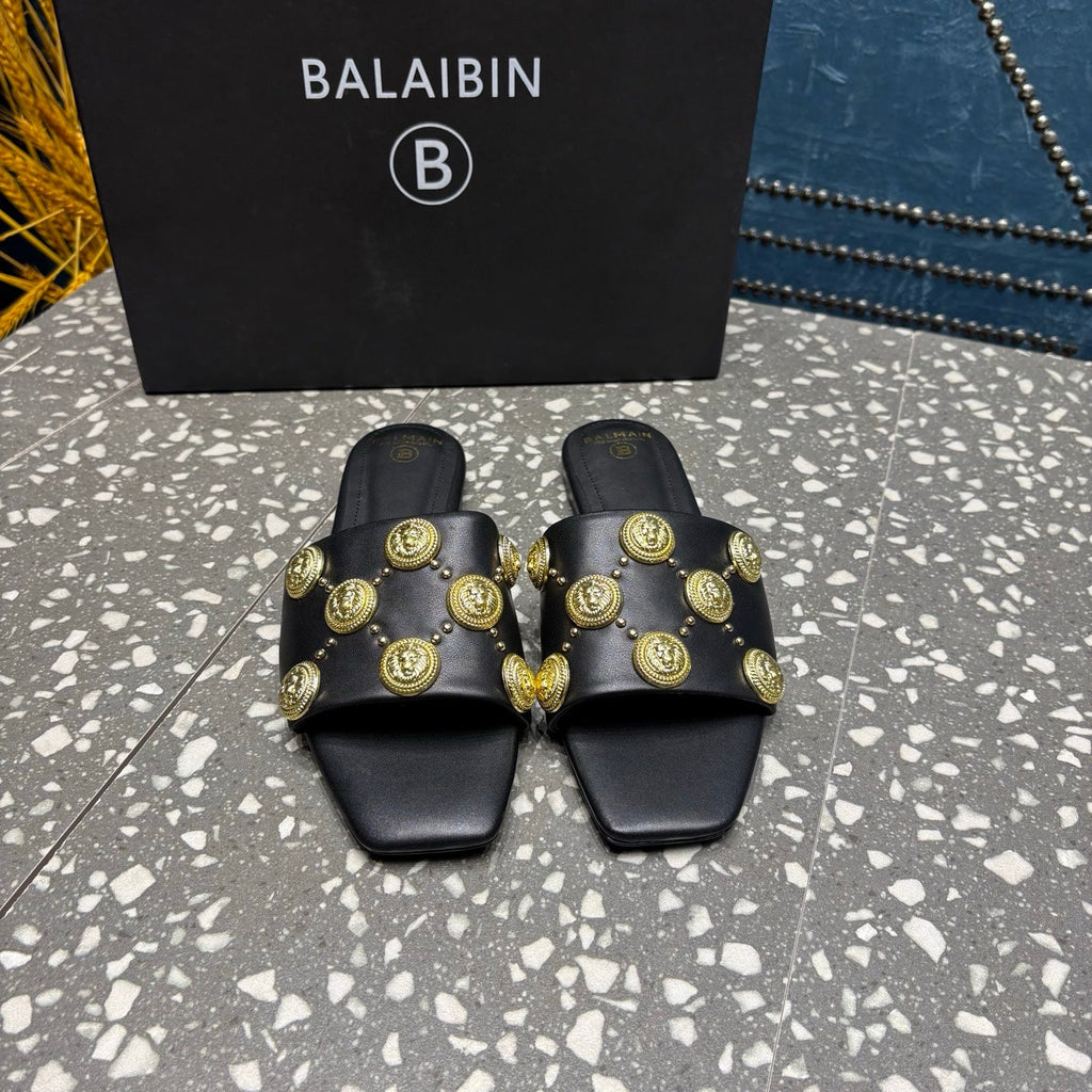 BALMAIN 26S SLIPPERS IN BLACK CALFSKIN WITH GOLD HARDWARE