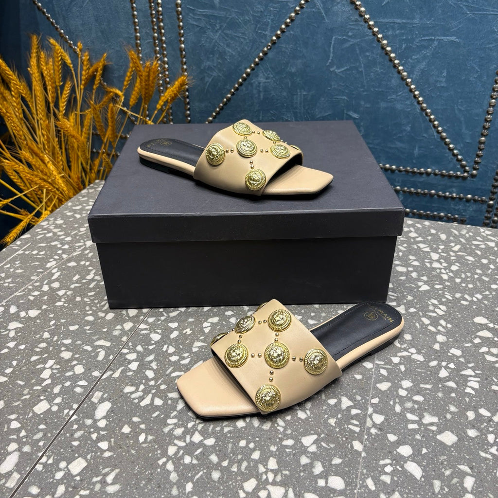 BALMAIN 26S SLIPPERS IN BEIGE CALFSKIN WITH GOLD HARDWARE