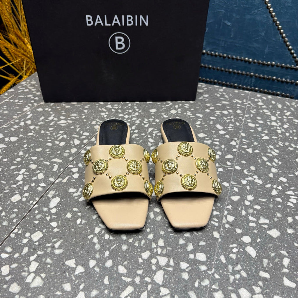 BALMAIN 26S SLIPPERS IN BEIGE CALFSKIN WITH GOLD HARDWARE
