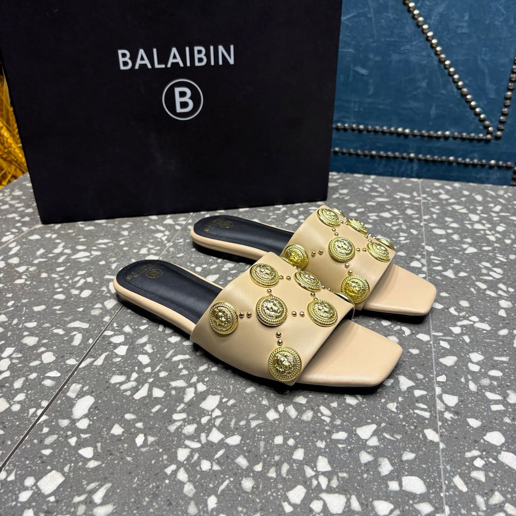BALMAIN 26S SLIPPERS IN BEIGE CALFSKIN WITH GOLD HARDWARE