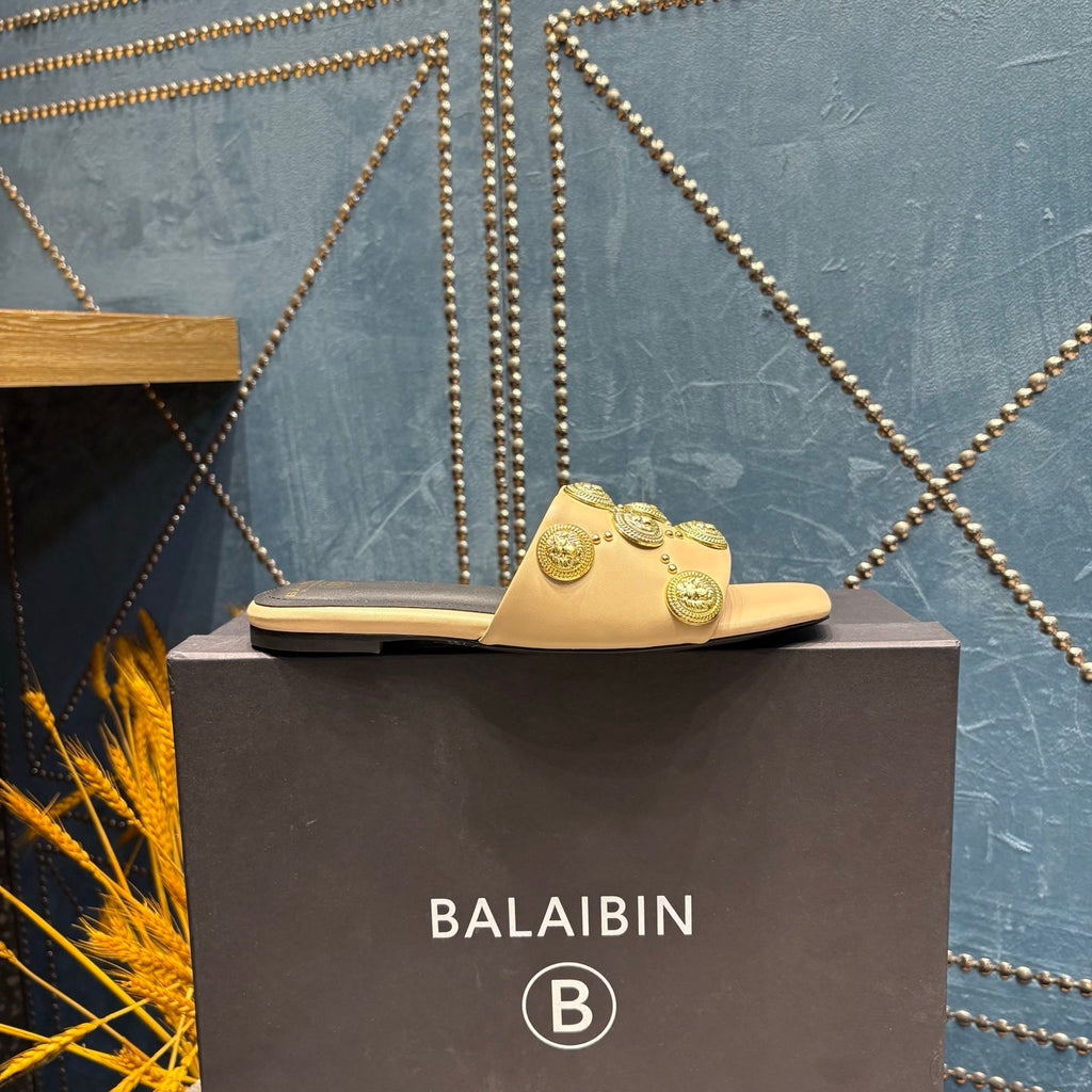 BALMAIN 26S SLIPPERS IN BEIGE CALFSKIN WITH GOLD HARDWARE