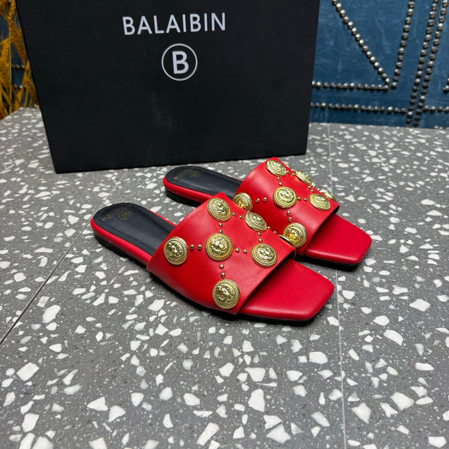 BALMAIN 26S SLIPPERS IN RED CALFSKIN WITH GOLD HARDWARE