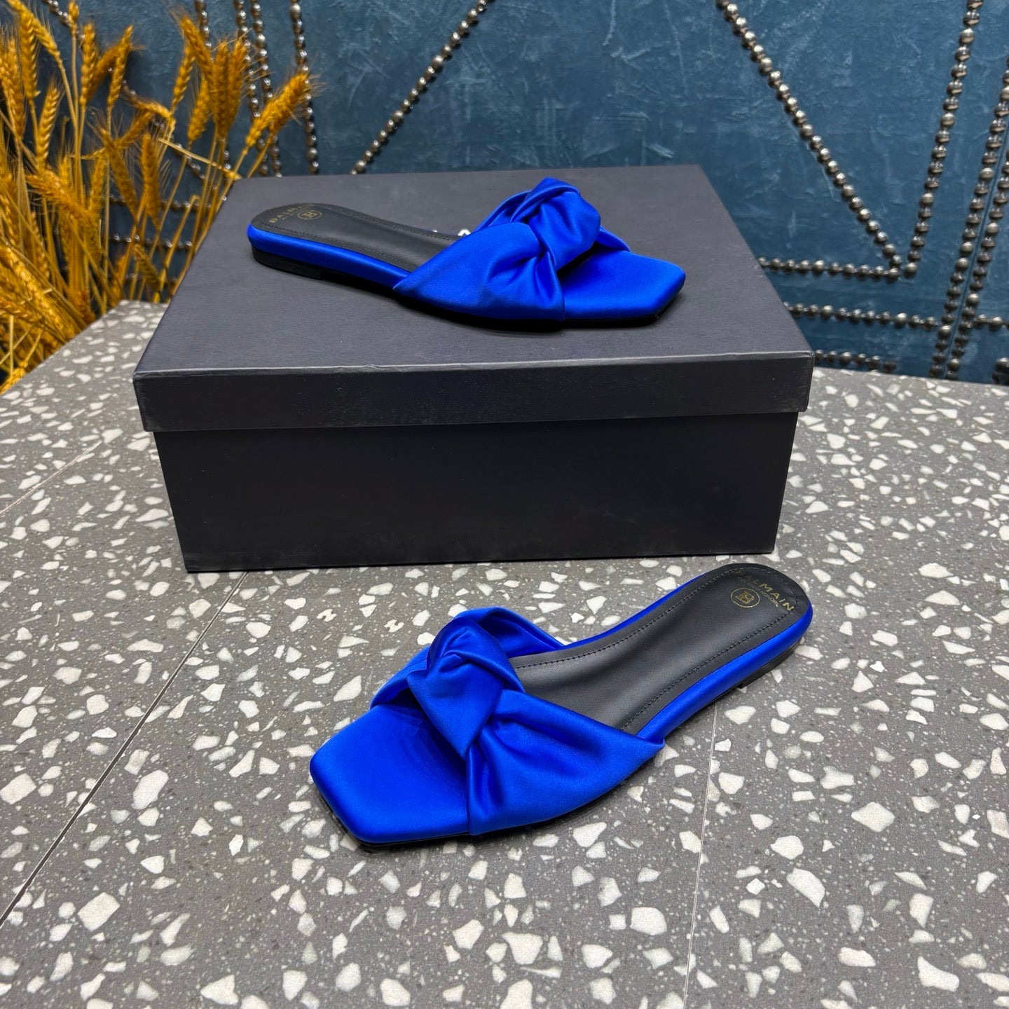 BALMAIN 26S SLIDES IN NAVY BLUE SATIN