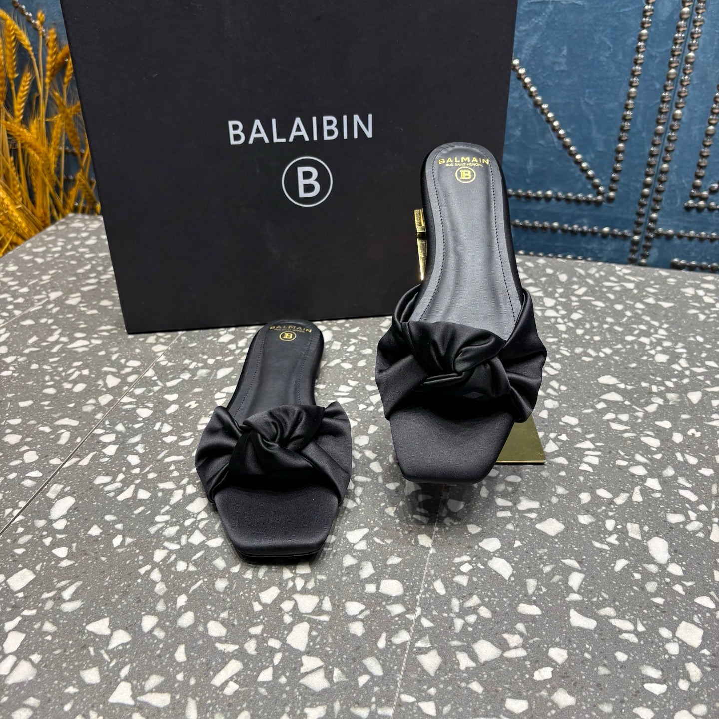 BALMAIN 26S SLIDES IN BLACK SATIN