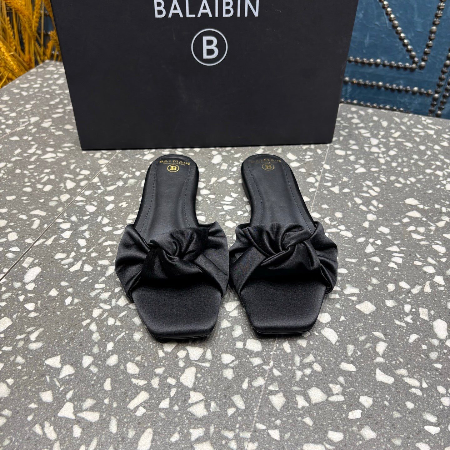 BALMAIN 26S SLIDES IN BLACK SATIN