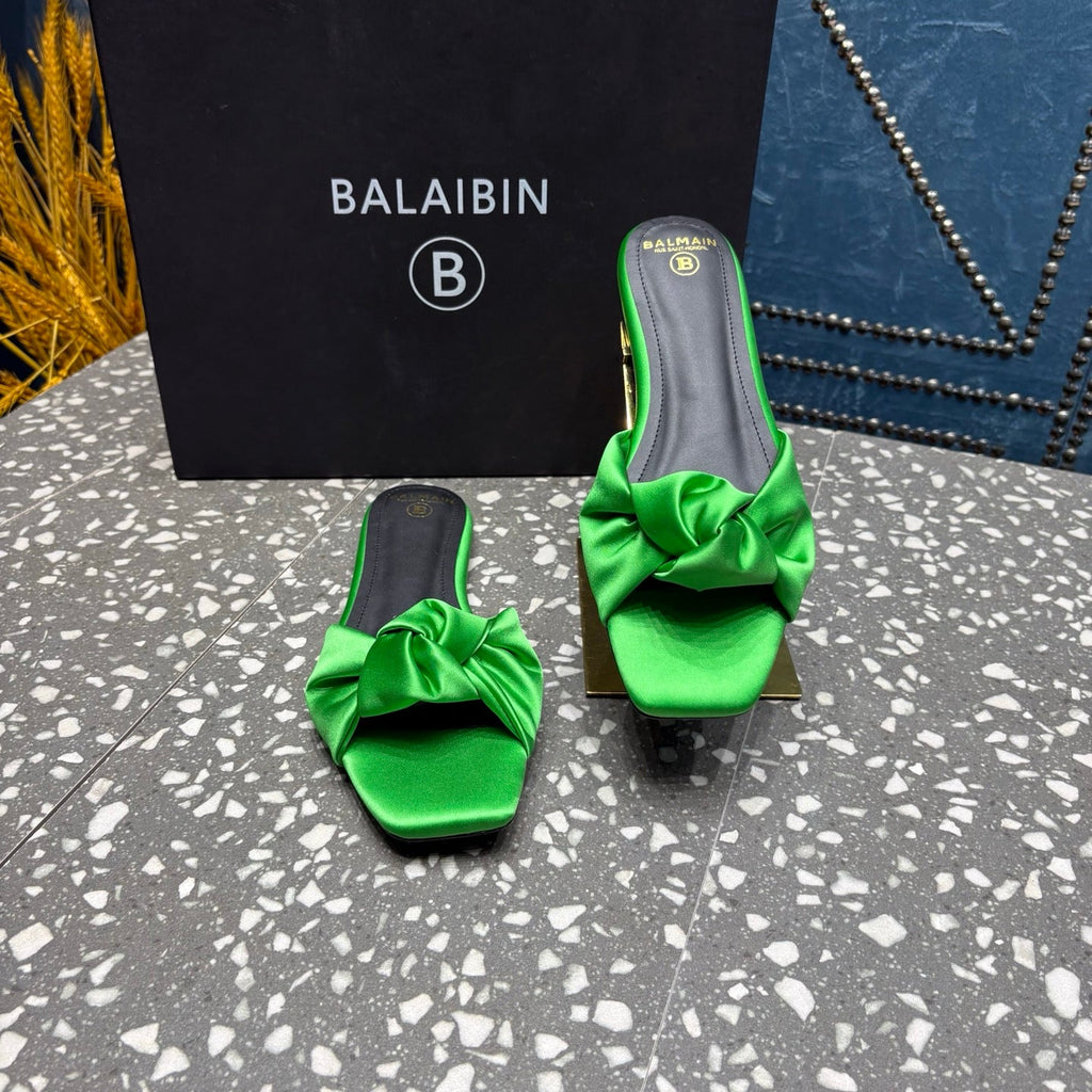BALMAIN 26S SLIDES IN GREEN SATIN