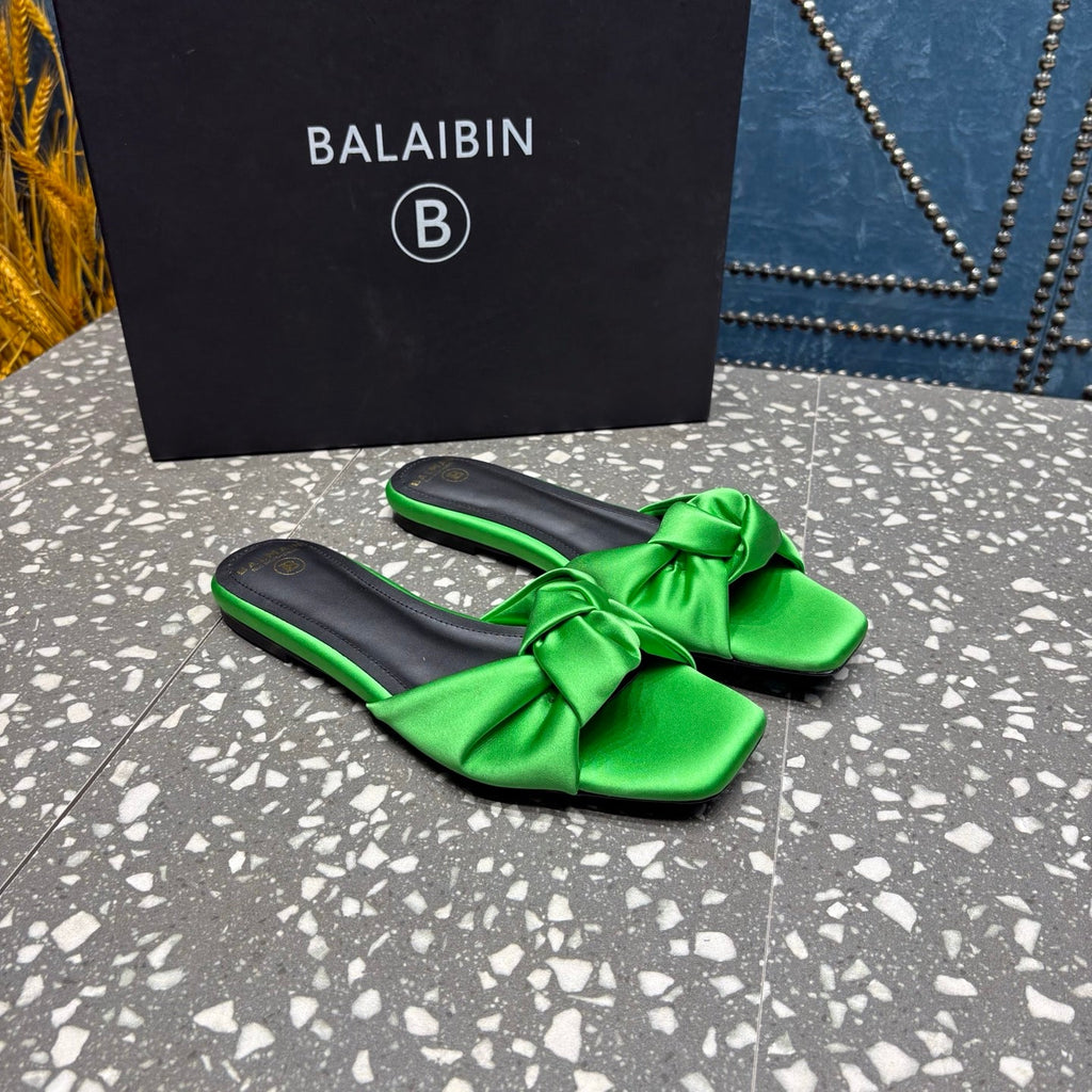 BALMAIN 26S SLIDES IN GREEN SATIN