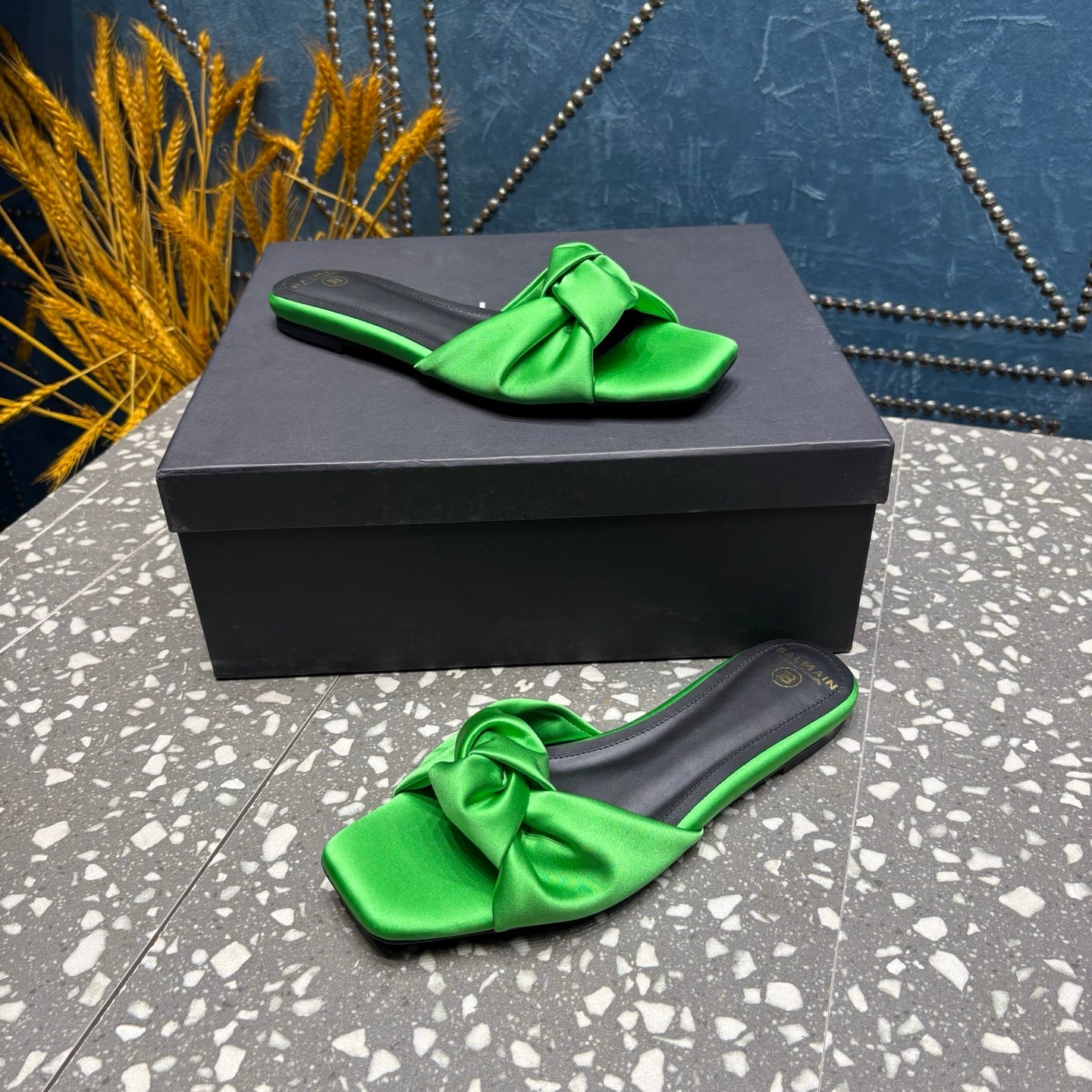 BALMAIN 26S SLIDES IN GREEN SATIN