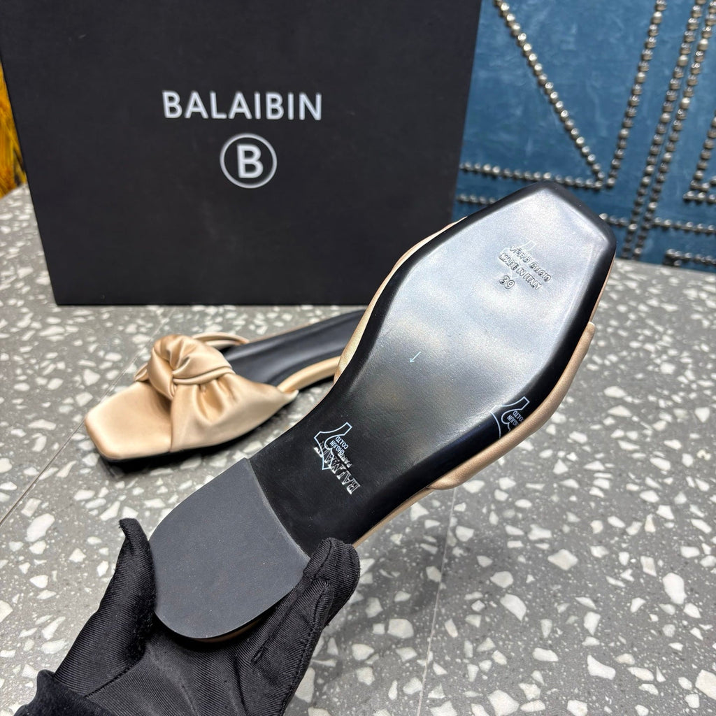 BALMAIN 26S SLIDES IN LIGHT WARM BEIGE SATIN