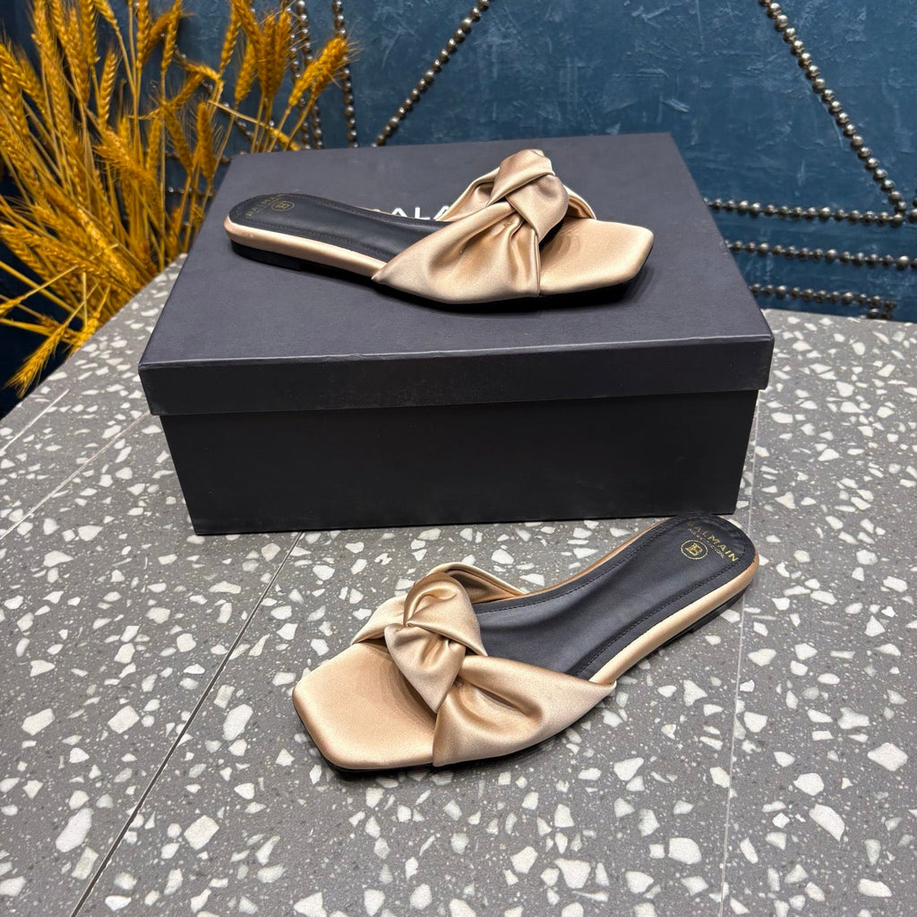 BALMAIN 26S SLIDES IN LIGHT WARM BEIGE SATIN