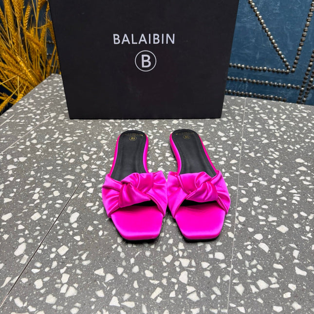 BALMAIN 26S SLIDES IN DARK PINK SATIN