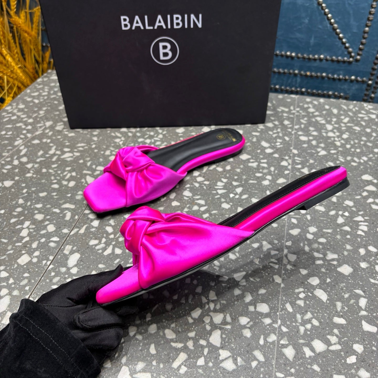 BALMAIN 26S SLIDES IN DARK PINK SATIN