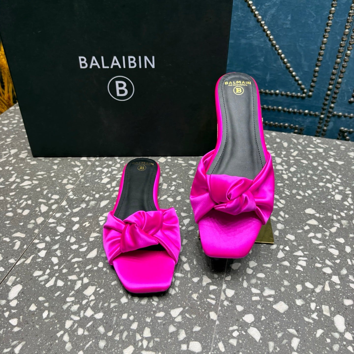 BALMAIN 26S SLIDES IN DARK PINK SATIN