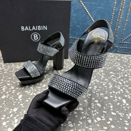 BALMAIN 26S HIGH-HEELED SANDALS 105 MM IN BLACK CALFSKIN WITH SILVER STONE EMBELLISHED