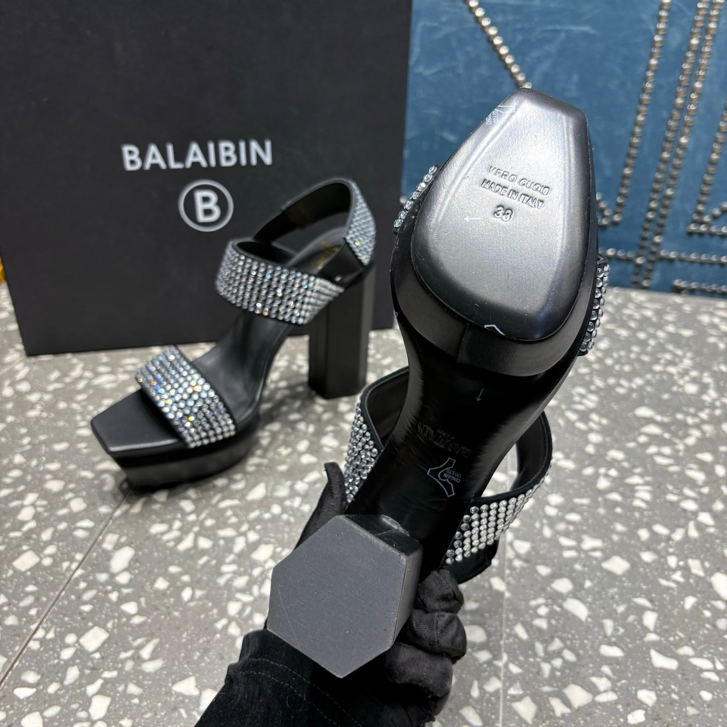 BALMAIN 26S HIGH-HEELED SANDALS 105 MM IN BLACK CALFSKIN WITH SILVER STONE EMBELLISHED