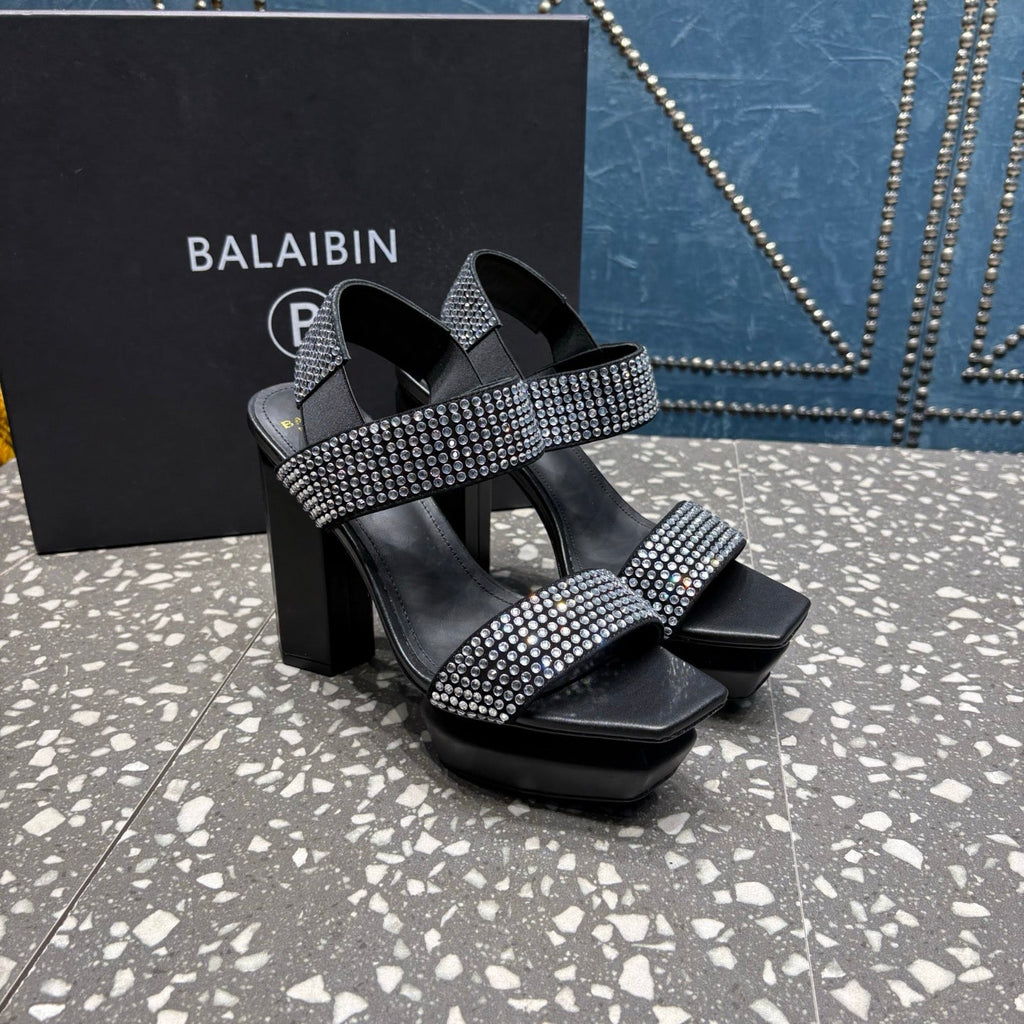 BALMAIN 26S HIGH-HEELED SANDALS 105 MM IN BLACK CALFSKIN WITH SILVER STONE EMBELLISHED