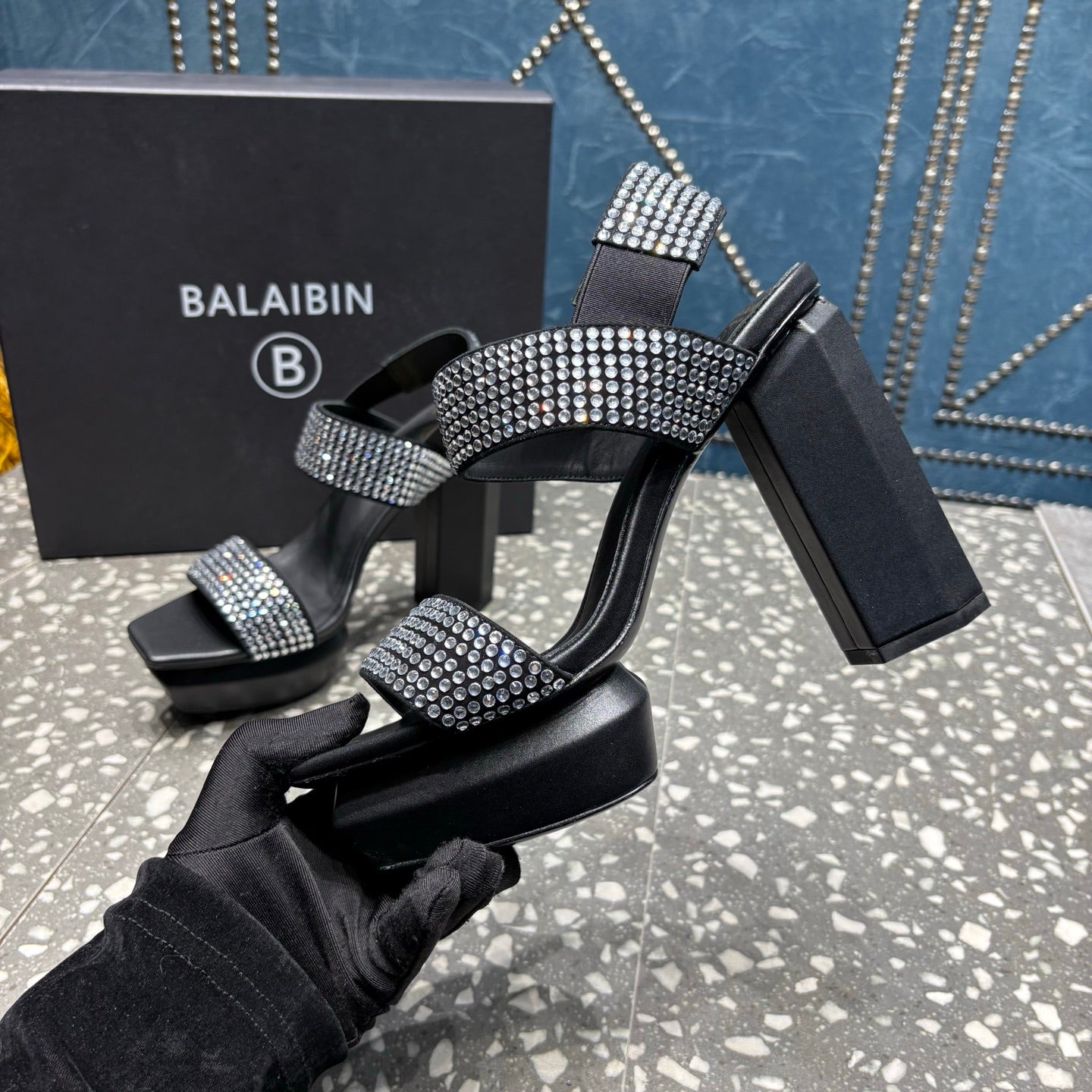 BALMAIN 26S HIGH-HEELED SANDALS 105 MM IN BLACK CALFSKIN WITH SILVER STONE EMBELLISHED