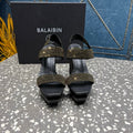 BALMAIN 26S HIGH-HEELED SANDALS 105 MM IN BLACK CALFSKIN WITH GOLD STONE EMBELLISHED