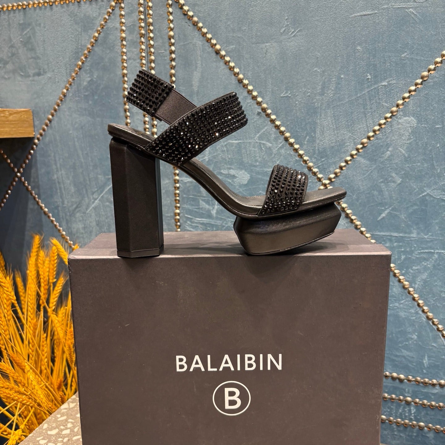 BALMAIN 26S HIGH-HEELED SANDALS 105 MM IN BLACK CALFSKIN STONE EMBELLISHED