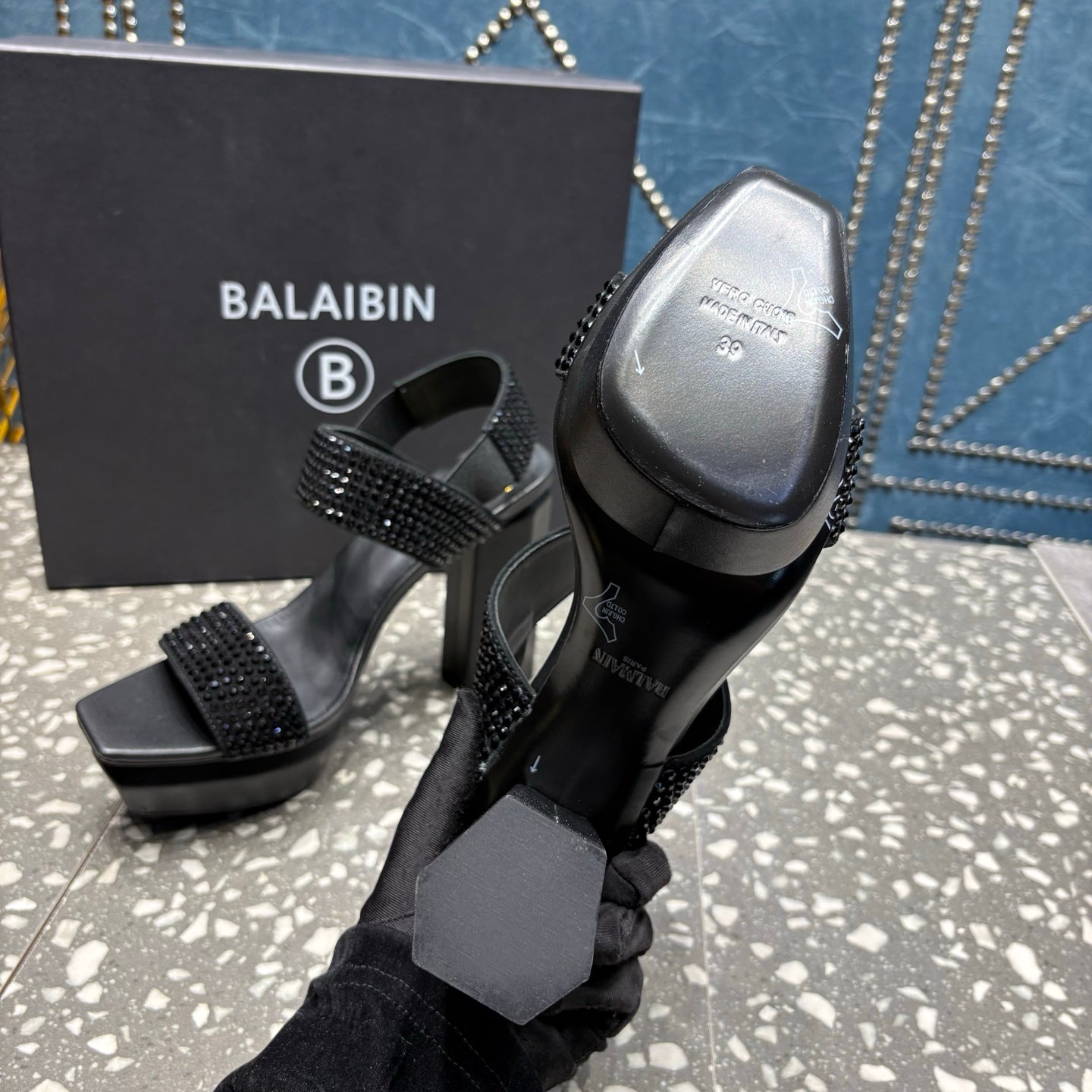 BALMAIN 26S HIGH-HEELED SANDALS 105 MM IN BLACK CALFSKIN STONE EMBELLISHED