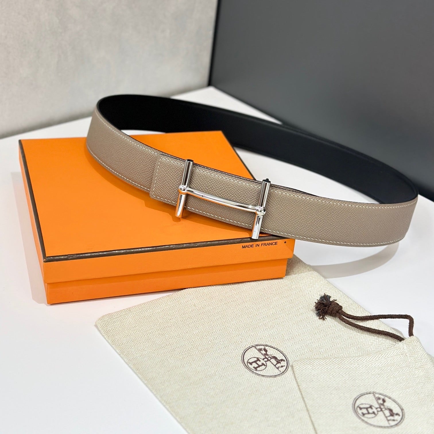 HM 26S H DANCRE BELT IN TAUPE BROWN REVERSIBLE CALFSKIN PALLADIUM HARDWARE