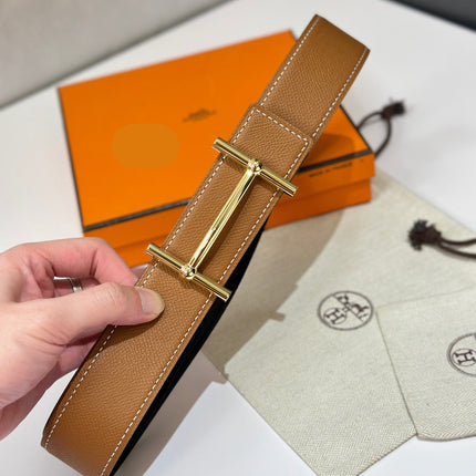 HM 26S H DANCRE BELT IN TAN BROWN REVERSIBLE CALFSKIN GOLD HARDWARE
