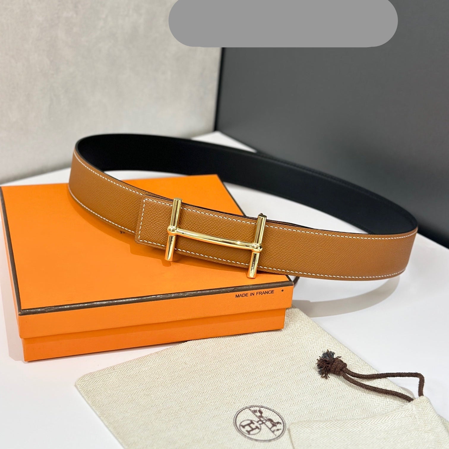 HM 26S H DANCRE BELT IN TAN BROWN REVERSIBLE CALFSKIN GOLD HARDWARE