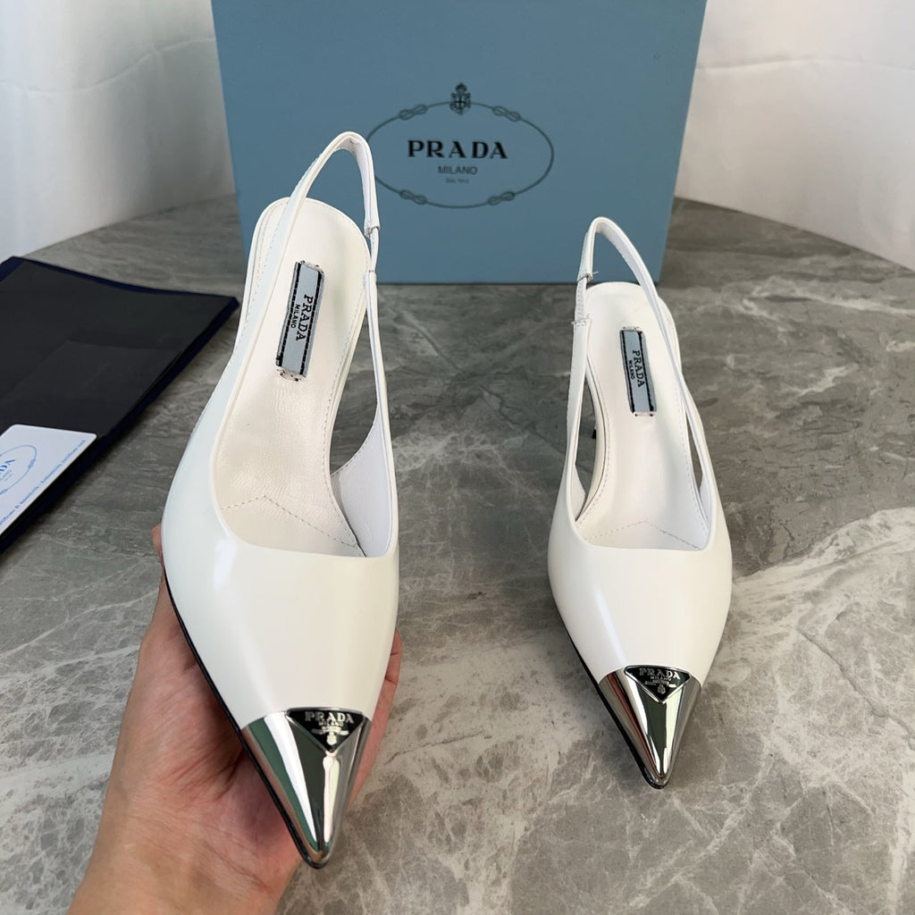 PRADA 25S METAL-TOE SLINGBACK PUMPS IN WHITE CALFSKIN