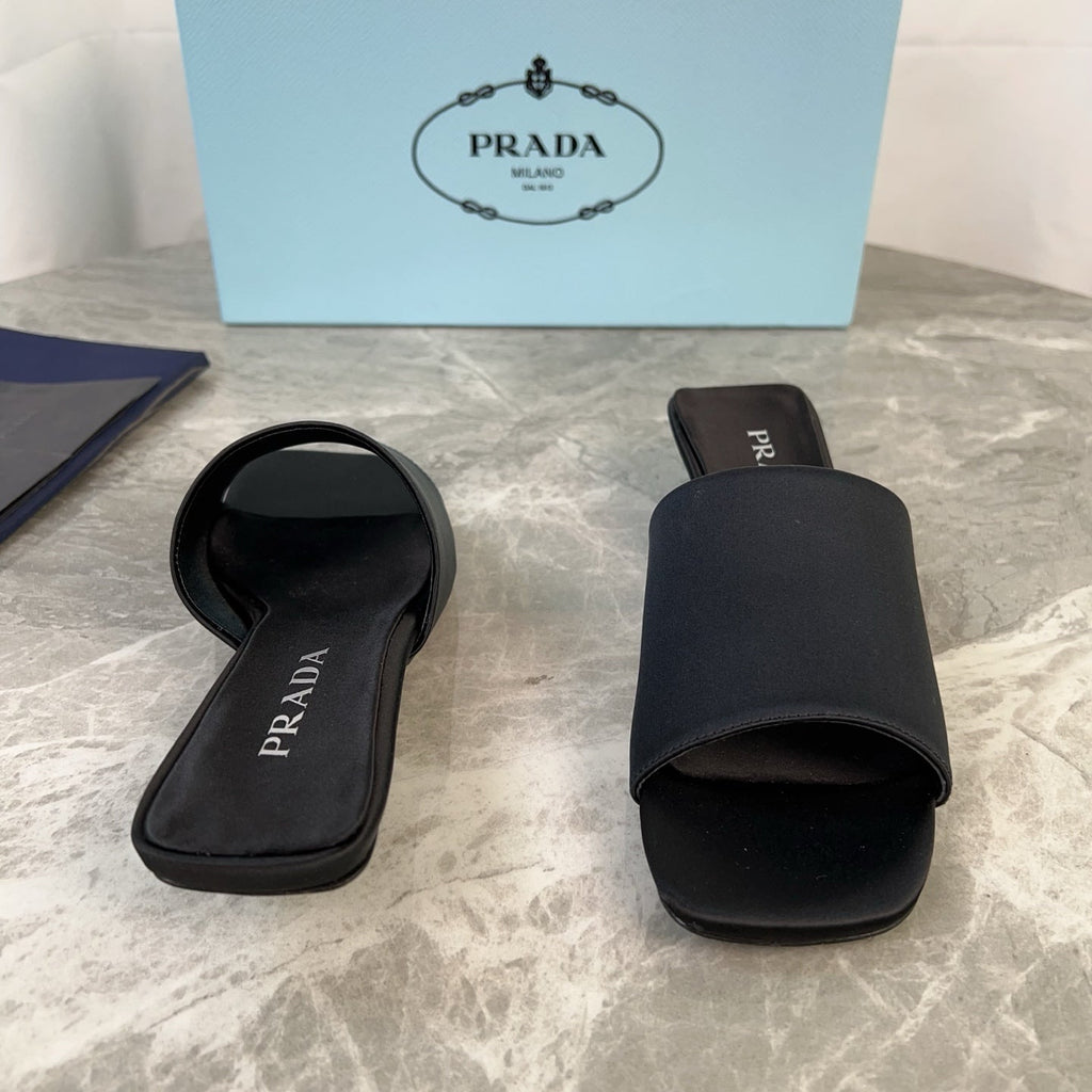 PRADA 25S TRIANGLE HEEL SANDALS 35MM IN BLACK SATIN