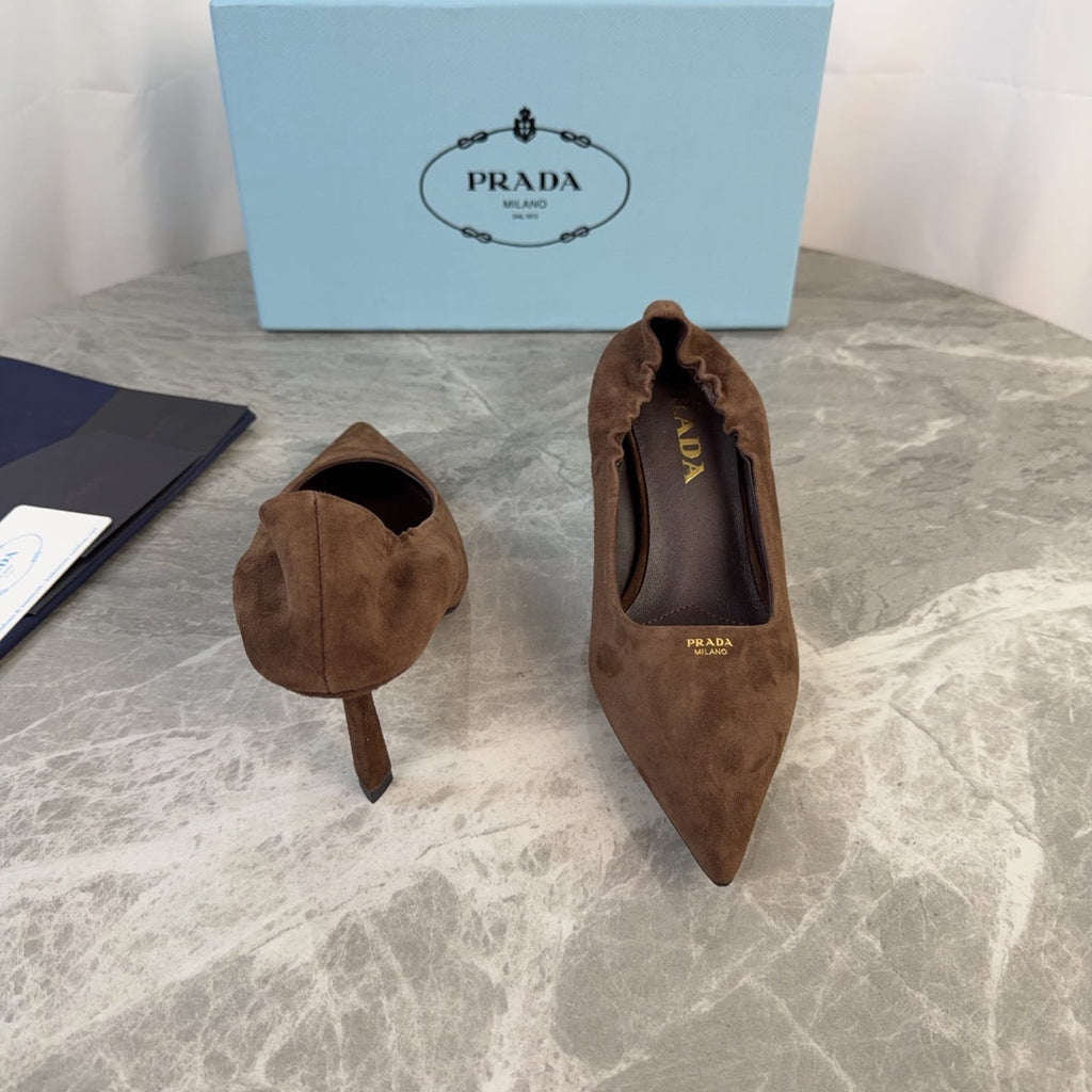 PRADA 25S HIGH HEELS 75 MM IN DARK BROWN SUEDE