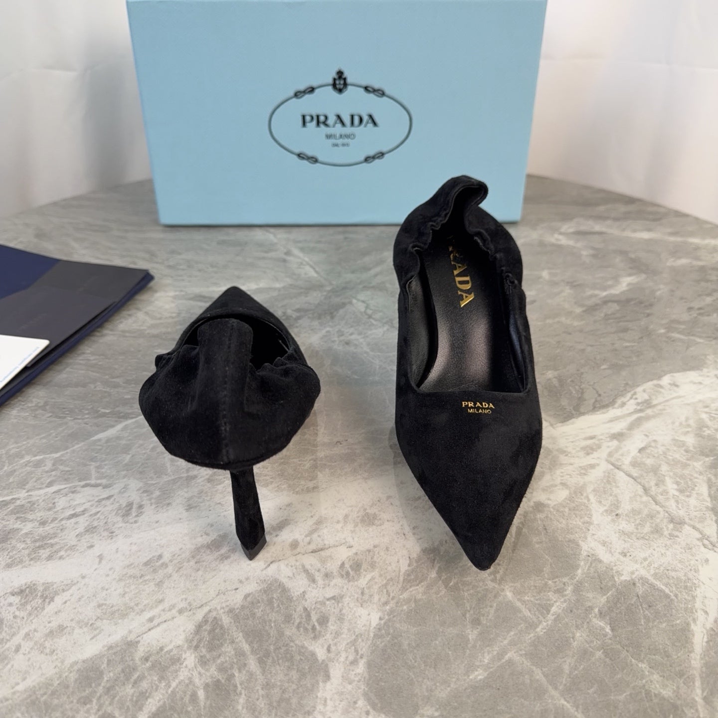 PRADA 25S HIGH HEELS 75 MM IN BLACK SUEDE