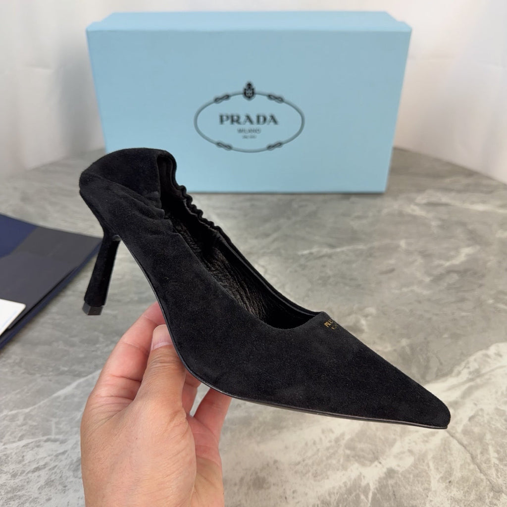 PRADA 25S HIGH HEELS 75 MM IN BLACK SUEDE