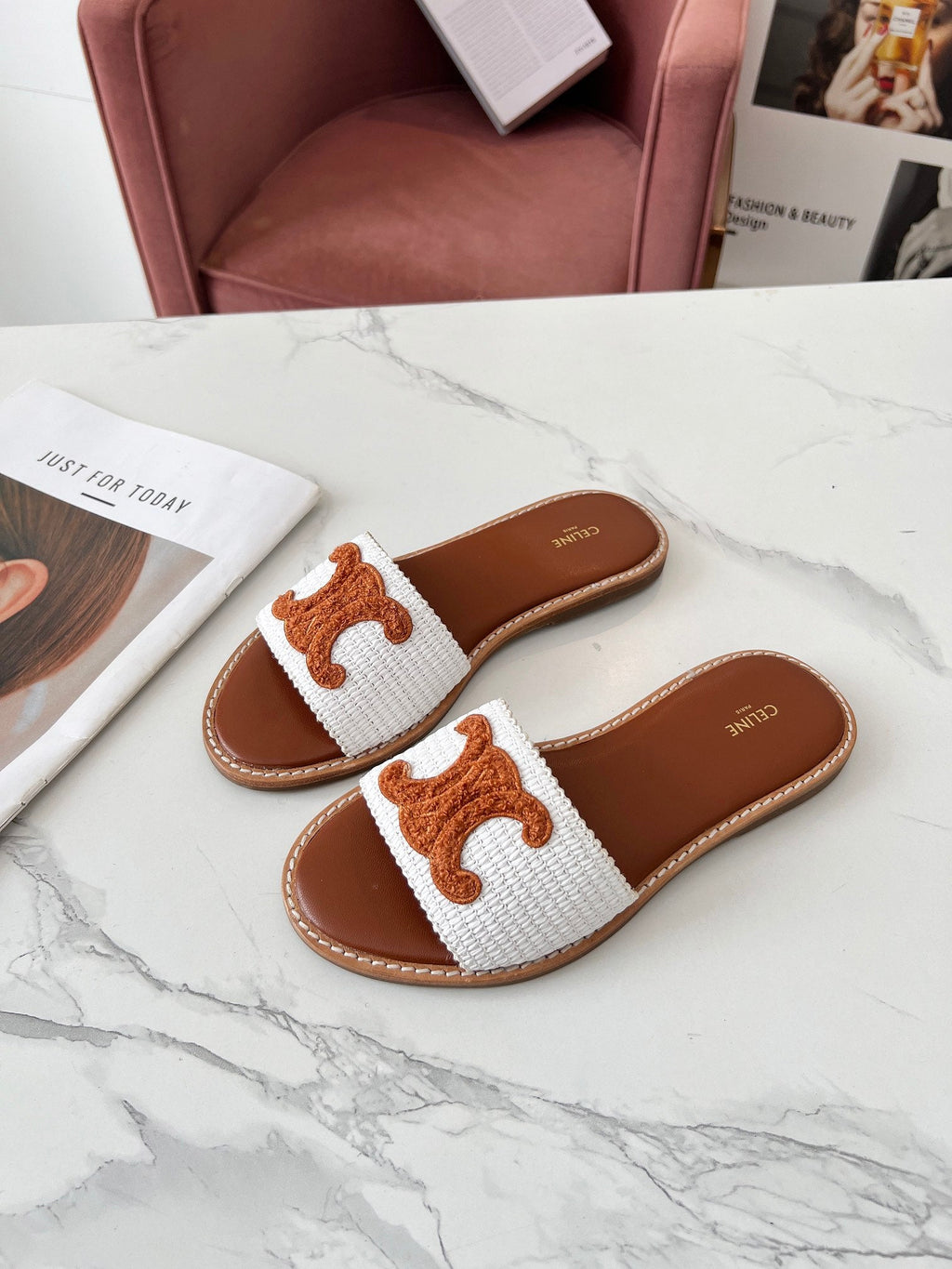 LYMPIA MULE WHITE RAFFIA AND TAN WOOL