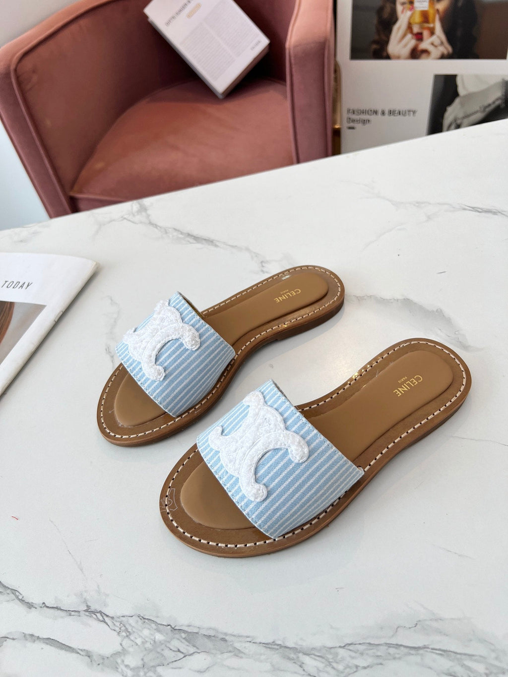 LYMPIA MULE STRIPED BLUE SKY CANVAS WOOL LOGO